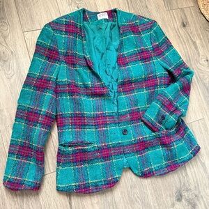 Vintage Koret Teal and Pink Plaid Blazer Sz 14